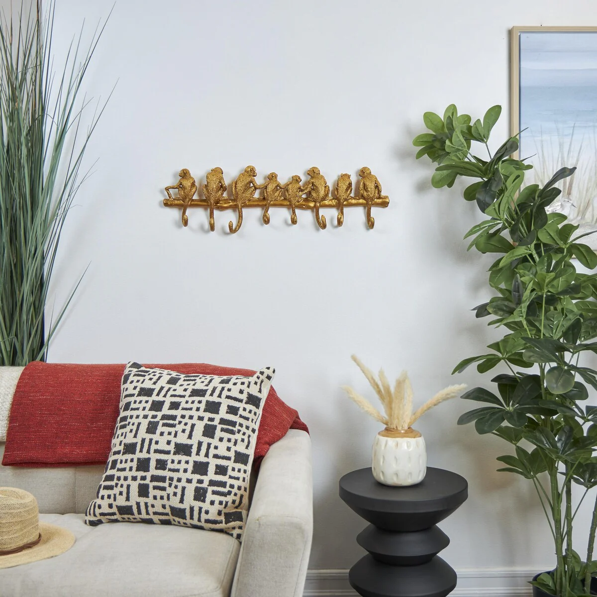 Polystone Monkey Textured 8 Hanger Wall Hook - Gold - Roche River Decor