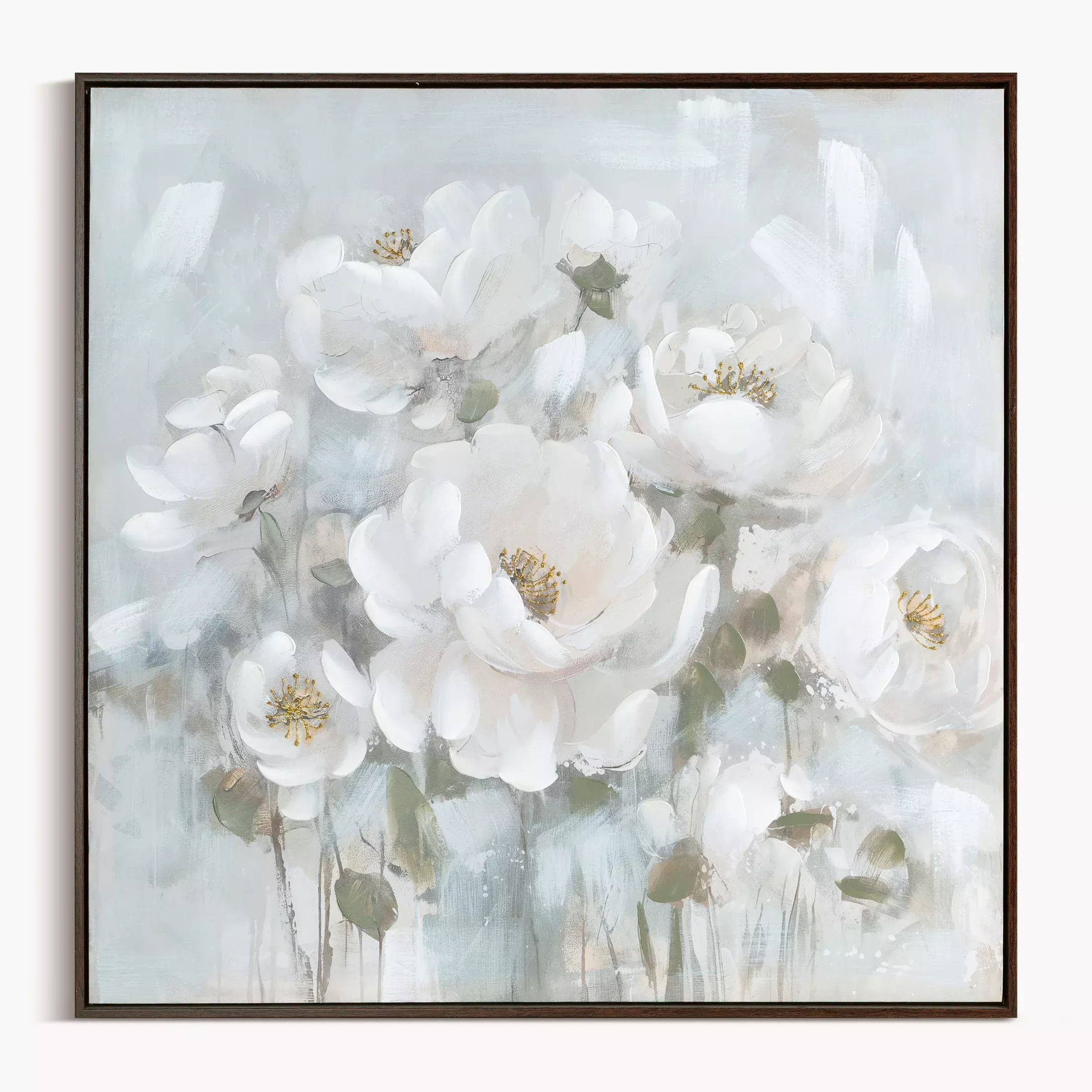 Obraz kremowo, błękitny ręcznie malowany w bukiet subtelnych kwiatów na płótnie 80x80 cm