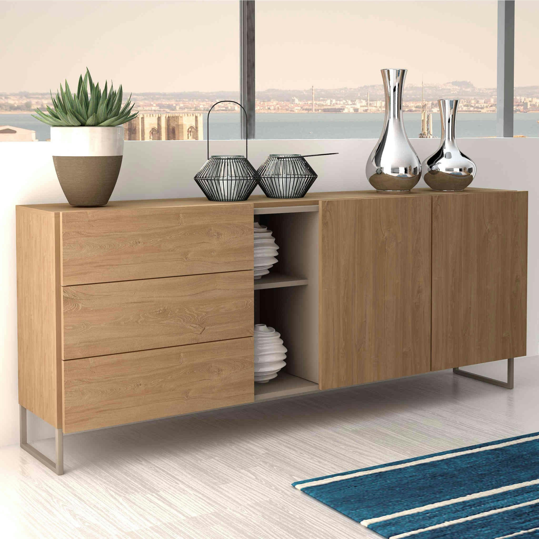 - Commode 2 portes 3 tiroirs avec niches bois naturel