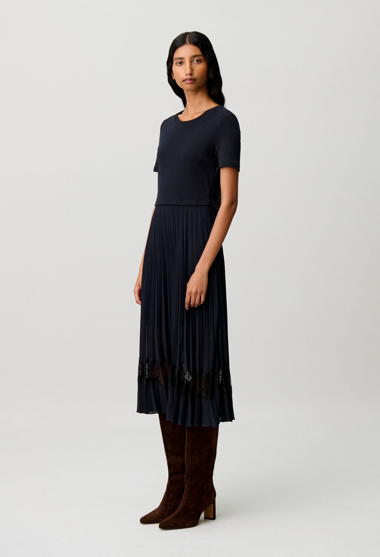Robe midi bi-matière noire et marine