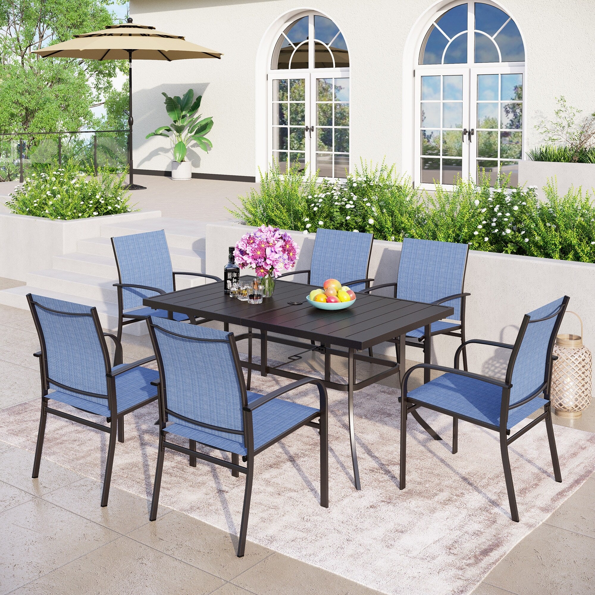 MAISON ARTS Patio Dining Set 7 Pieces with 1 Rectangle Metal Table and 6 Textilene Chairs