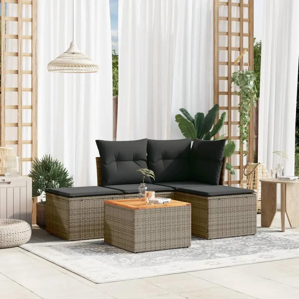 vidaXL 5-delige Loungeset met kussens & salontafel - Grijs - Poly rattan