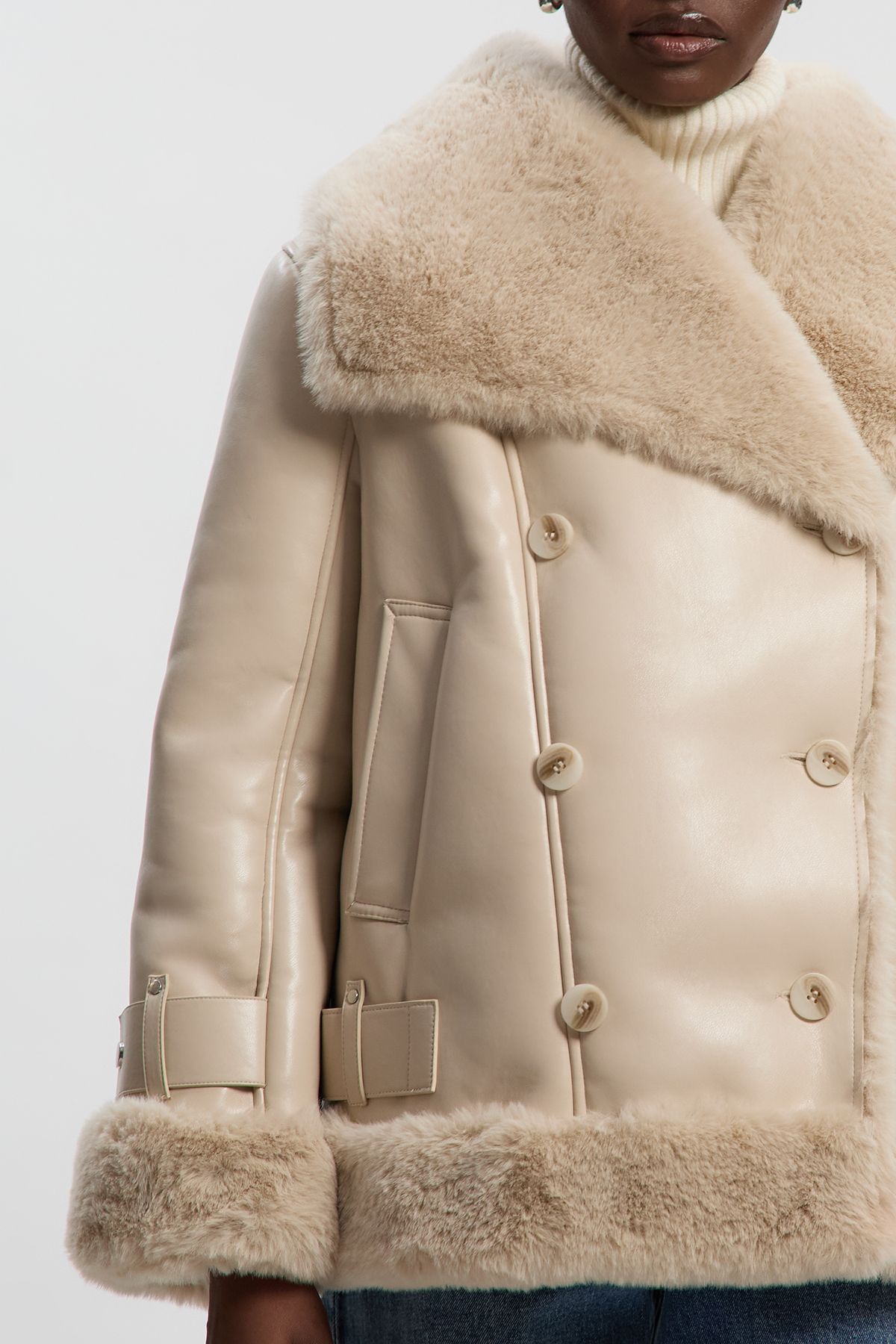 KarenMillen Faux Shearling Oversize Collar Short Coat