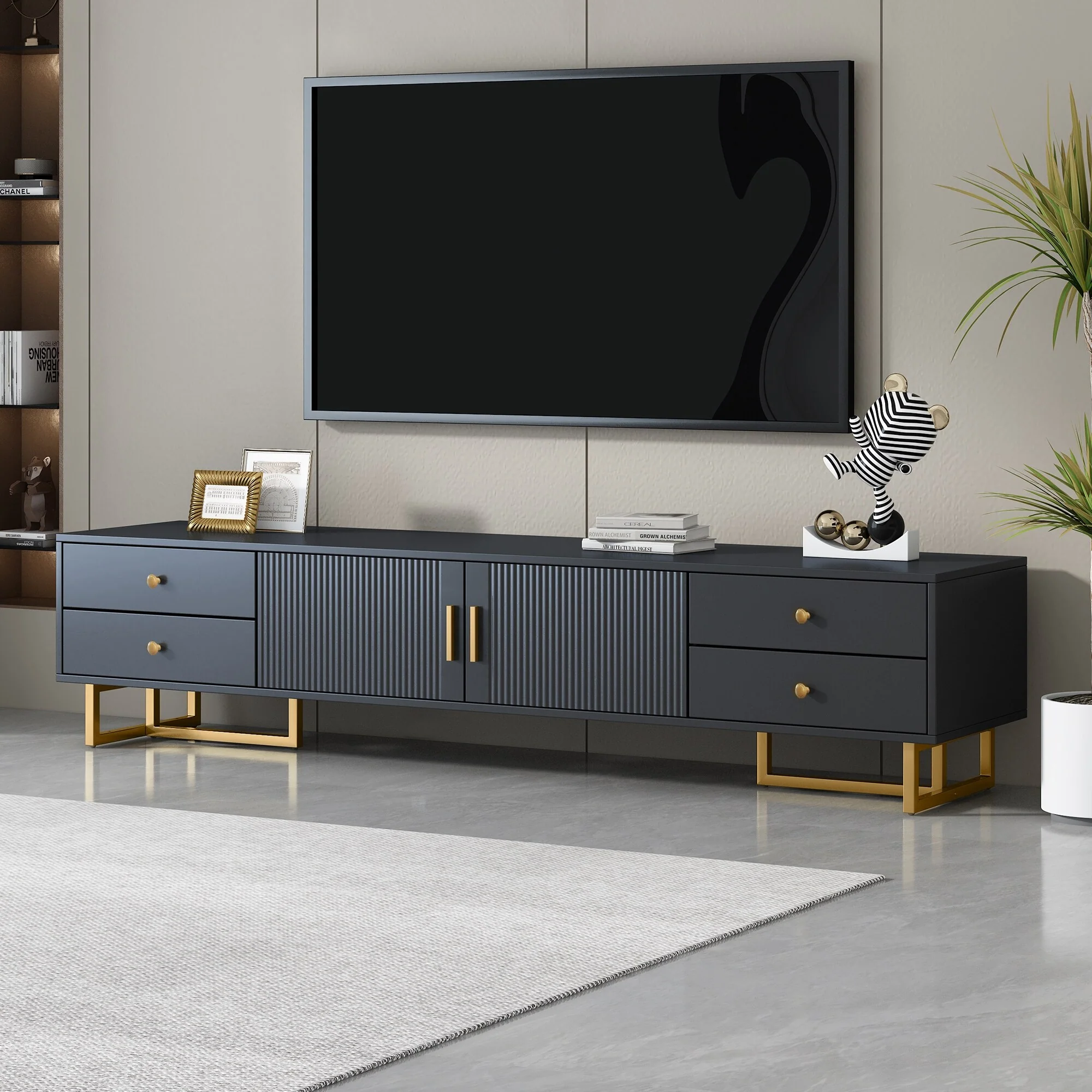Modern TV Stand for 65+ Inch TVs, Entertainment Center with Wave Groove Design, Ample Storage Cabinets
