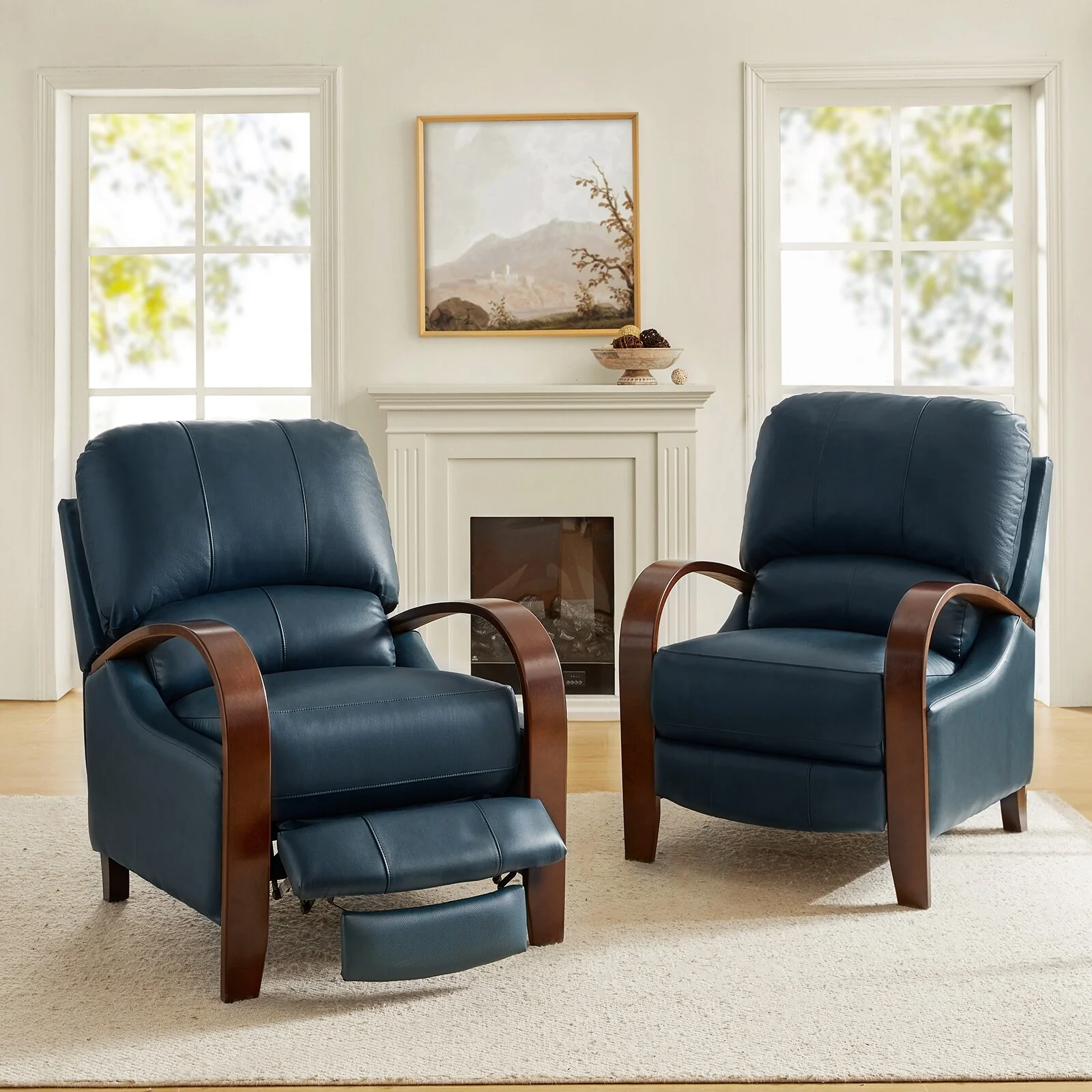 Alex Mid-century Modern Cigar Genuine Leather Manual Recliner with Wooden Curved Arms, Set of 2
