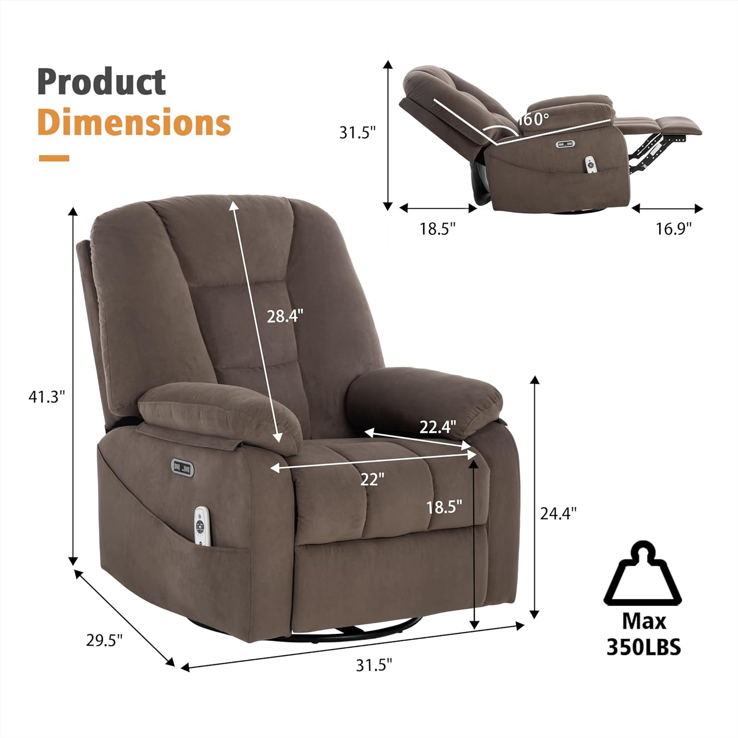 Power Swivel Rocker Recliner with Massage and Heat, USB and Type-C Port, Infinite Position, Electric Glider Rocking Chairs Living Room, Soft Fabric Reclining Sofa Chair (Velvet Brown)
