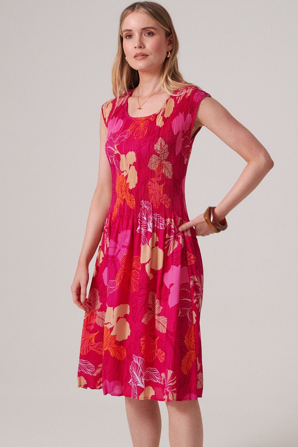 Klass. Leaf Print Pleated Dress