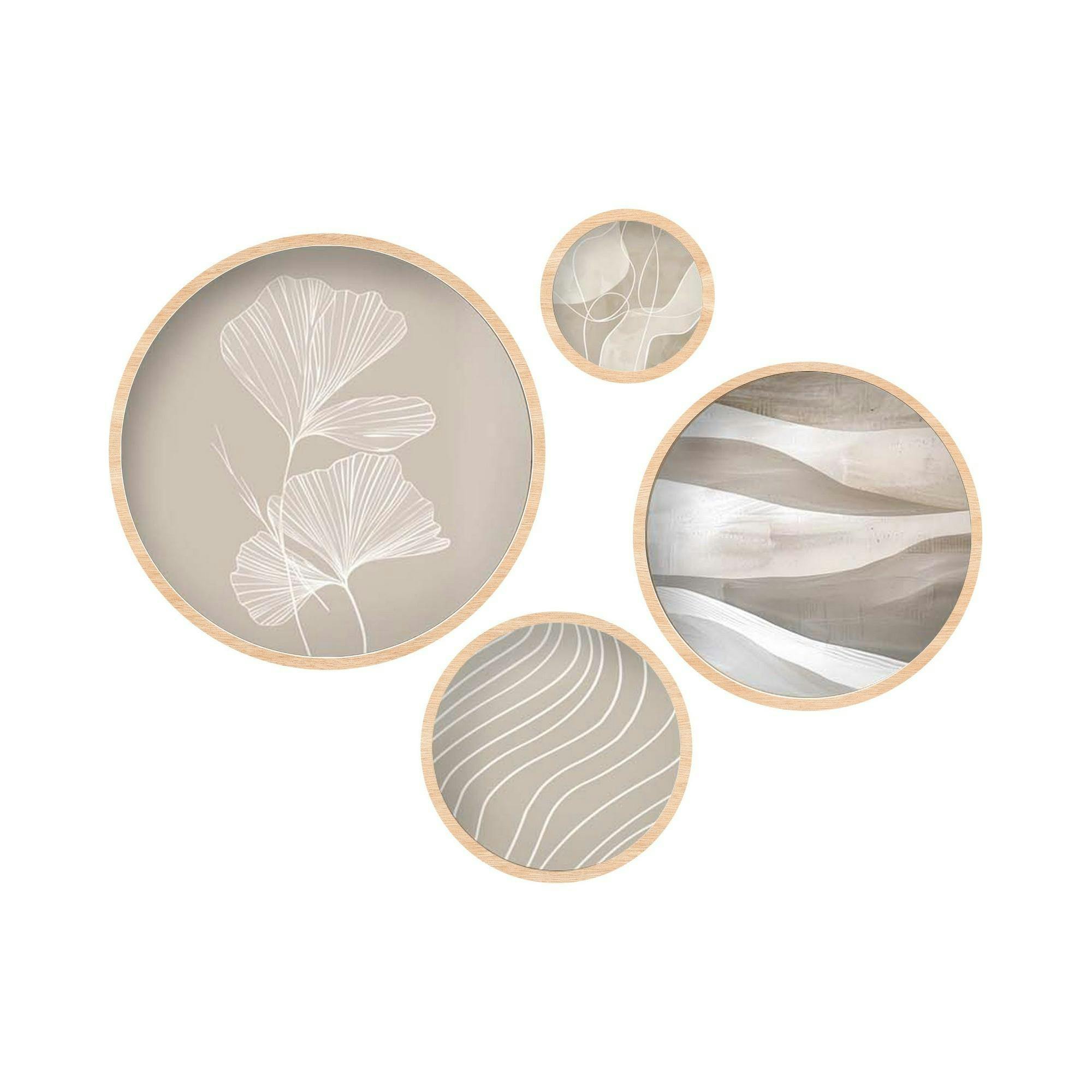 Tableau rond zen beige et bois – nature abstraite (set de 4)