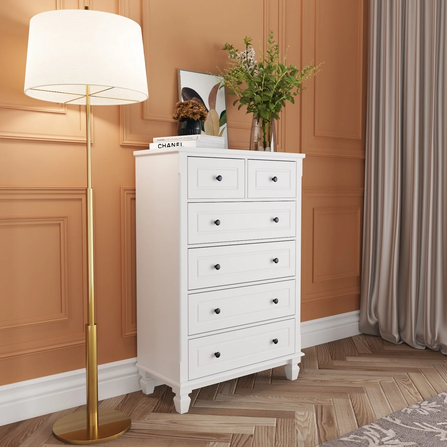 6 Drawer Tall Dresser with Sturdy Wood Frame Drawer Chest for Bedroom