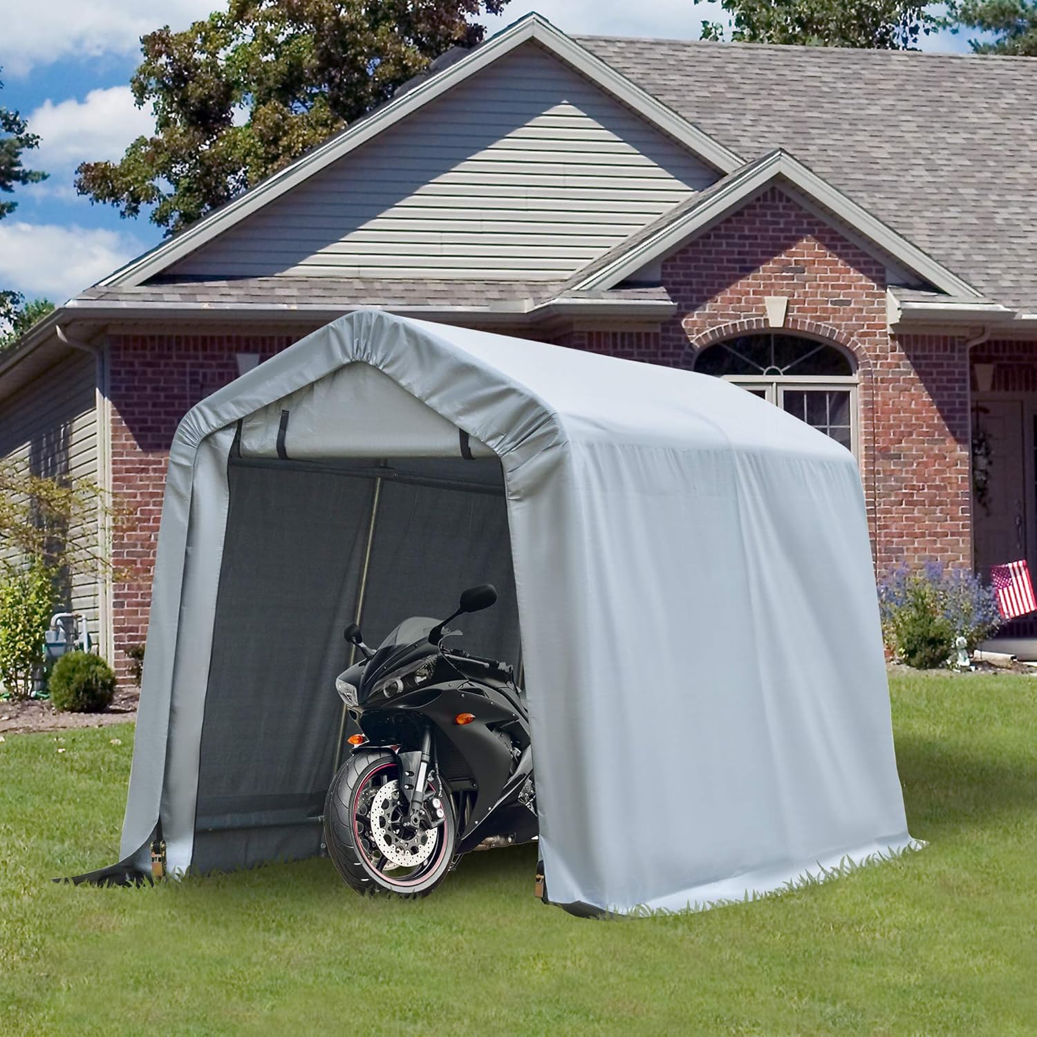 Outsunny 6' x 8' Carport Portable Garage, Heavy Duty Storage Tent, Patio Storage Shelter w/Anti-UV PE Cover and Double Zipper Doors, for Motorcycle Bike Garden Tools, Light Gray