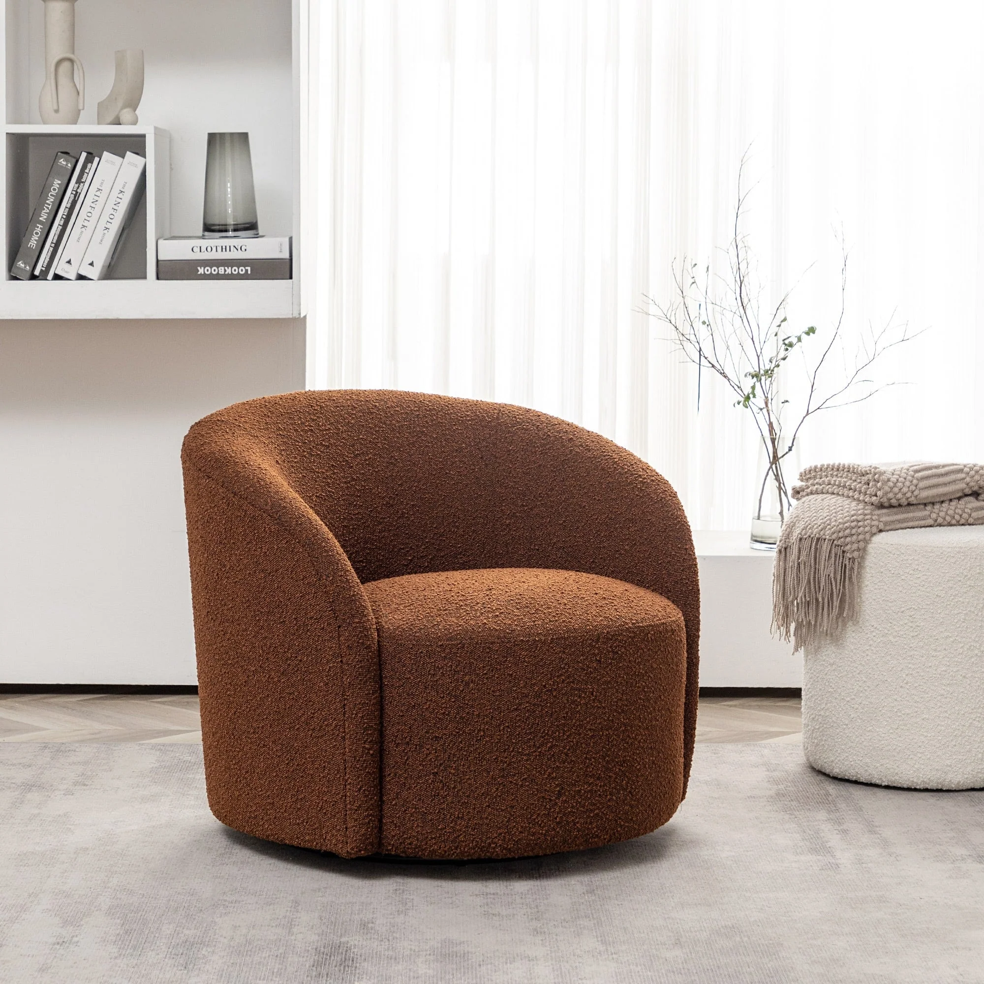KINWELL 34 W Upholstered Boucle Swivel Barrel Accent Chair