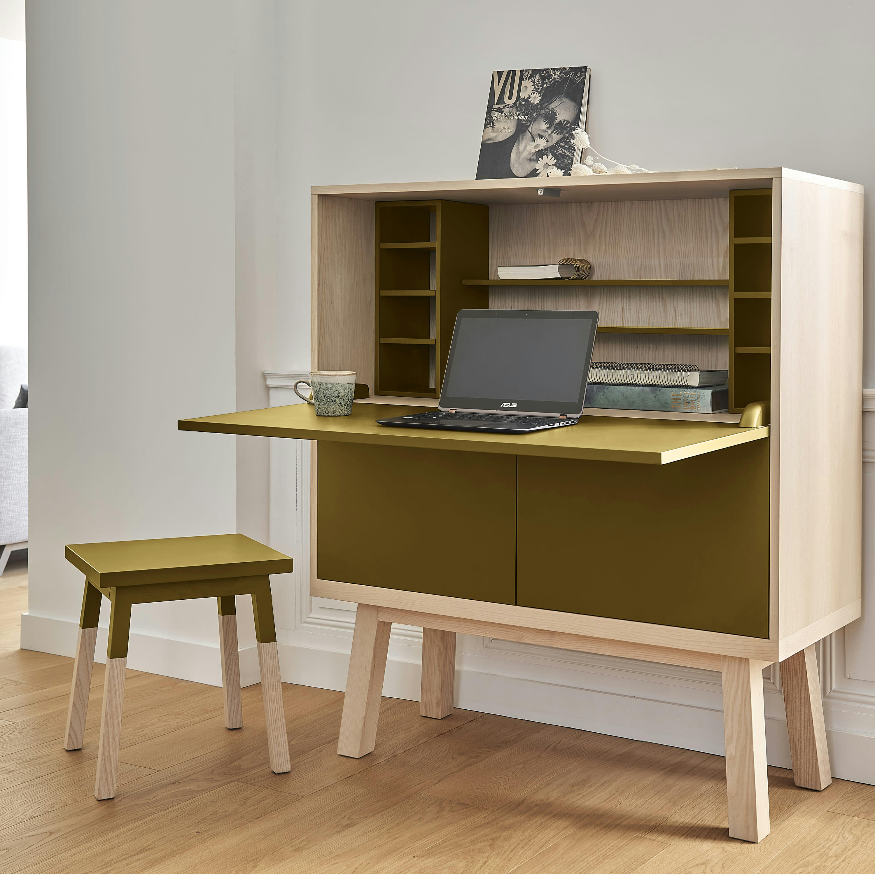 KUBE - Bureau secrétaire avec rangement, 120 cm de large, en frêne