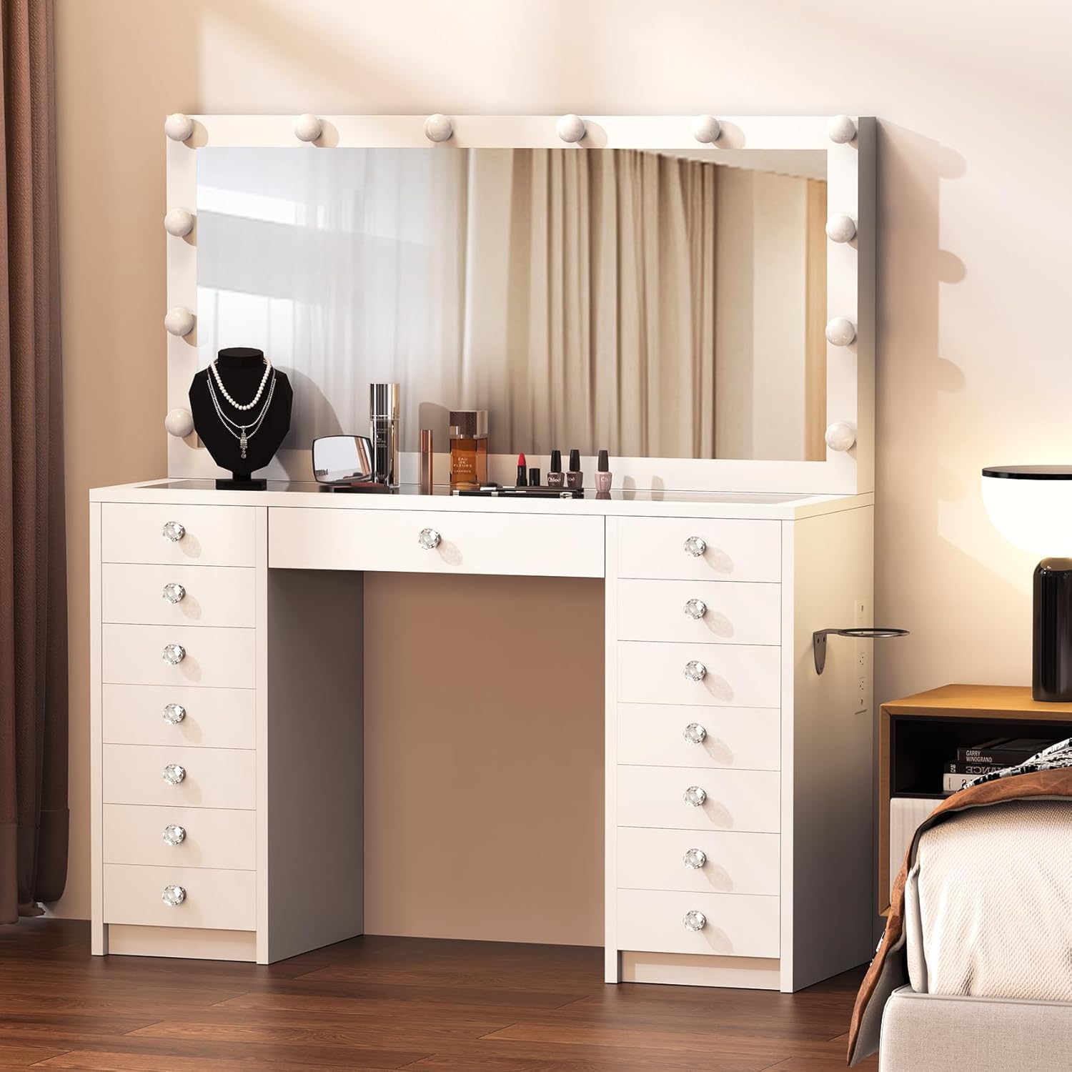 15 Drawers Vanity Desk, Large Makeup Vanity with Power Outlet, Vanity Table with Mirror and Light, 3 Color Lighting Modes, Tempered Glass Top, Dressing Table for Bedroom (White)