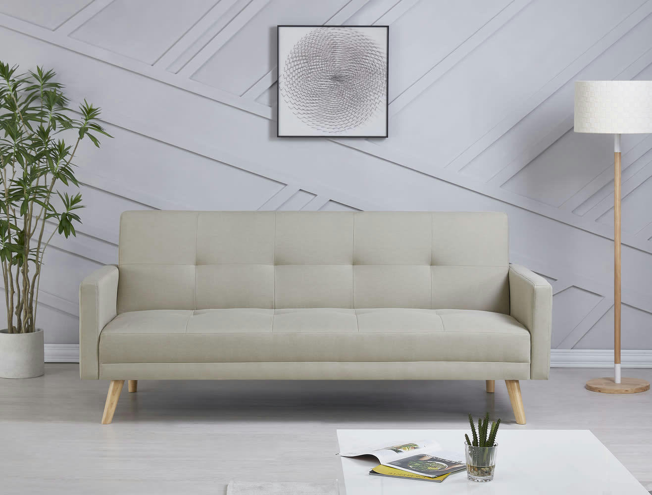 WOODEN - Canapé scandinave convertible 3 places en tissu beige
