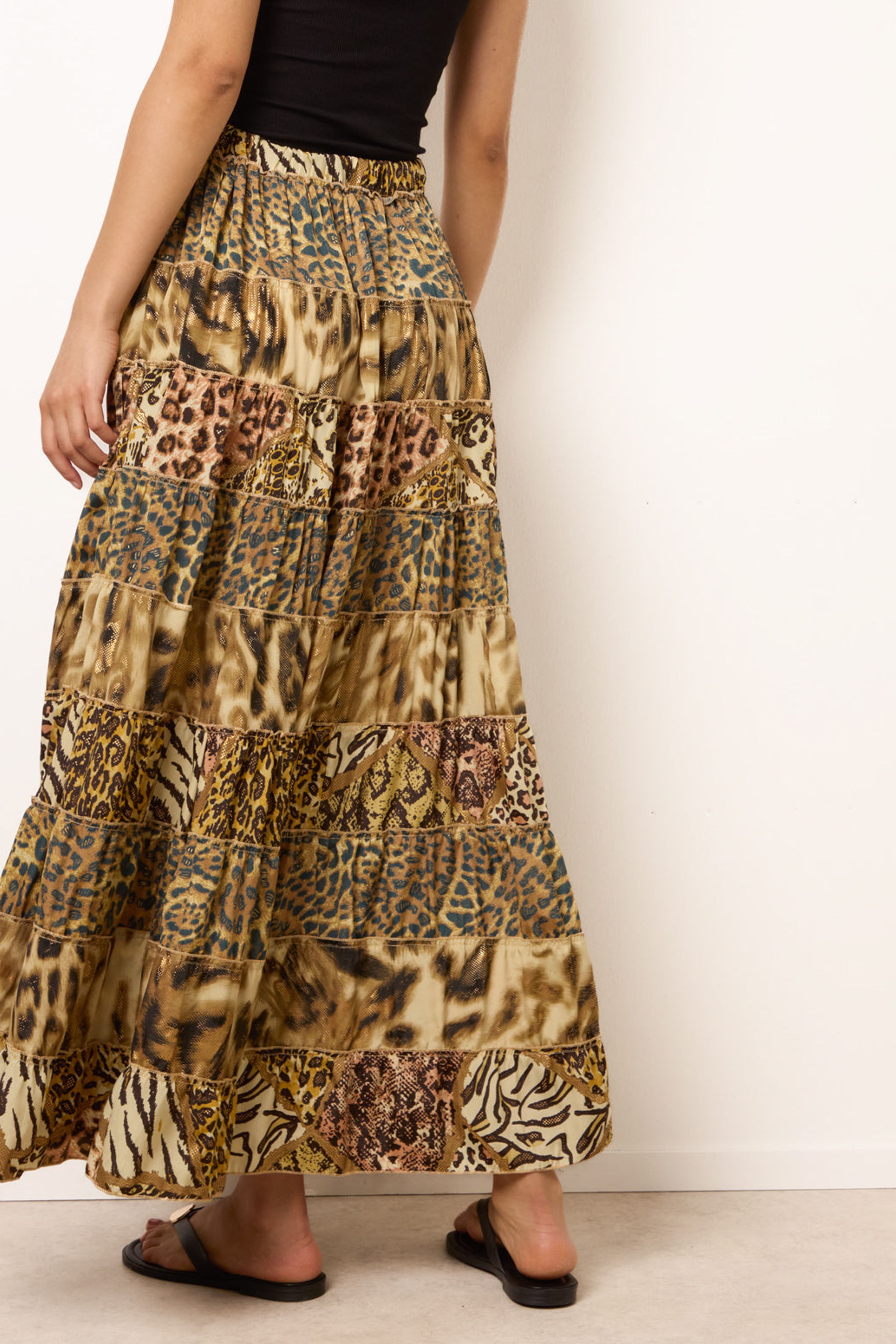 Blue Vanilla Brown Animal Print Tiered Maxi Skirt