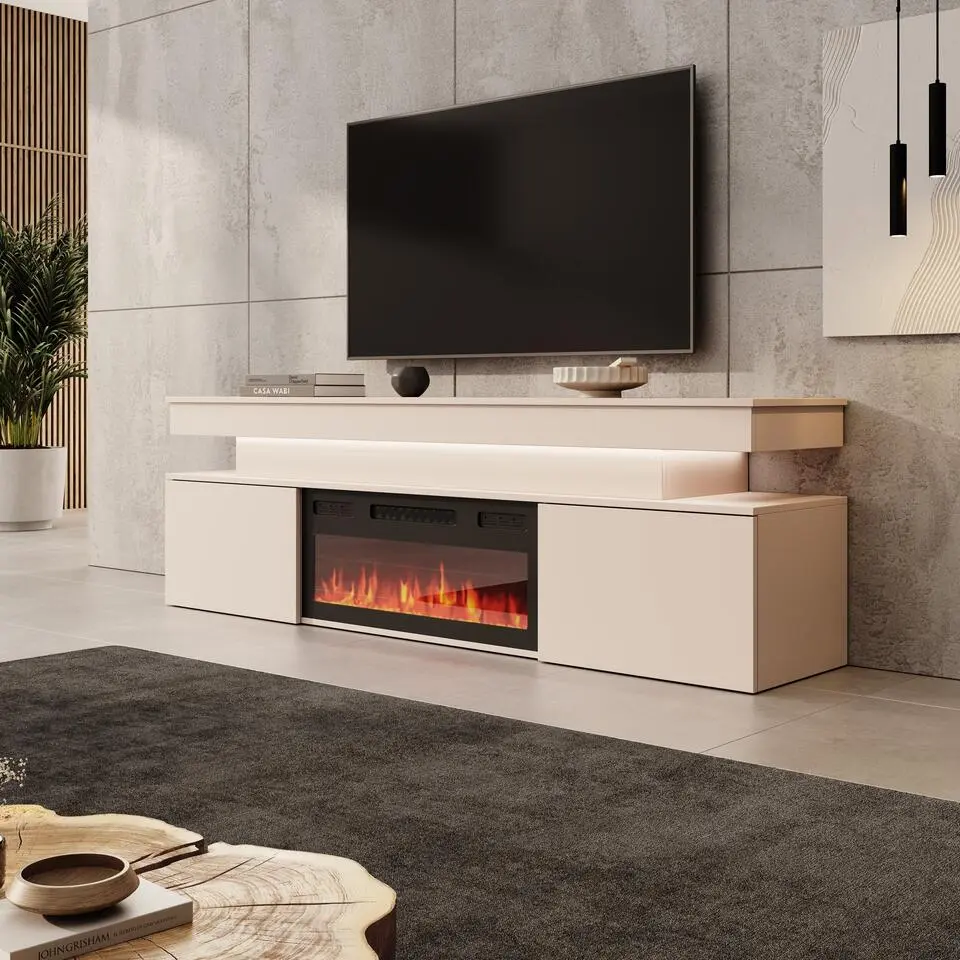 Meubella - Galan - TV-Meubel met sfeerhaard - Beige - 190x39x54 cm