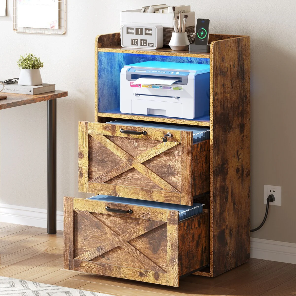 Moasis 2-Drawer Filing Cabinet with Charging Station, File Cabinet Open Storage Shelf with Printer Stand