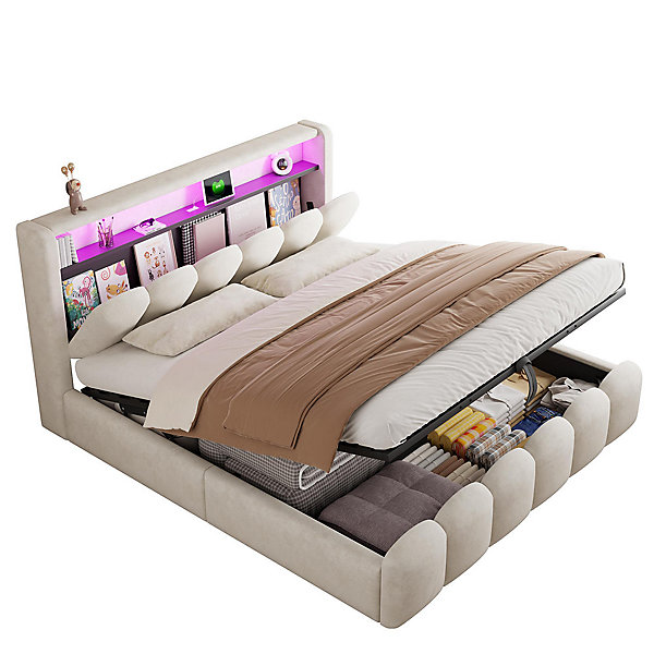 Lit double velours 180x200 cm, hydraulique, LED/USB, motif pétales - beige