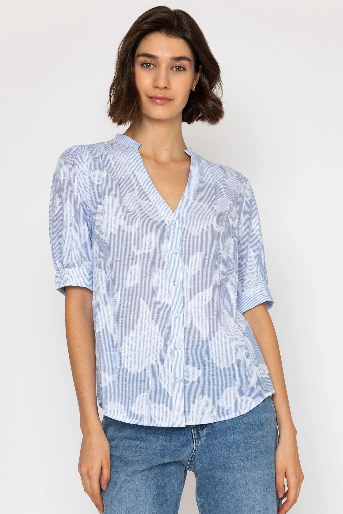 Floral and Striped Short Sleeve Shirt in Blue