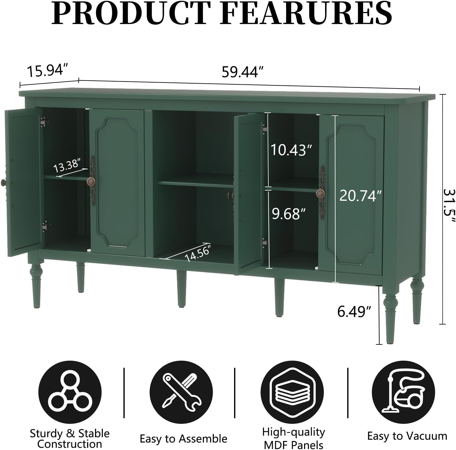 Vintage Buffet Sideboard Cabinet with 4 Doors, 59 Mid Century Modern Storage Cabinet with Shelf, Decorative Accent Credenza TV Stand (Green)