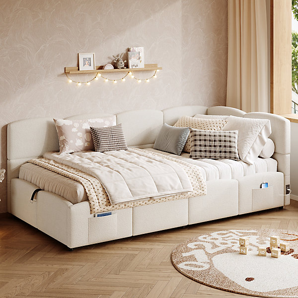Lit rembourré 90x200 cm avec sommier tissu bouclette port USB poche de rangement beige sans matelas