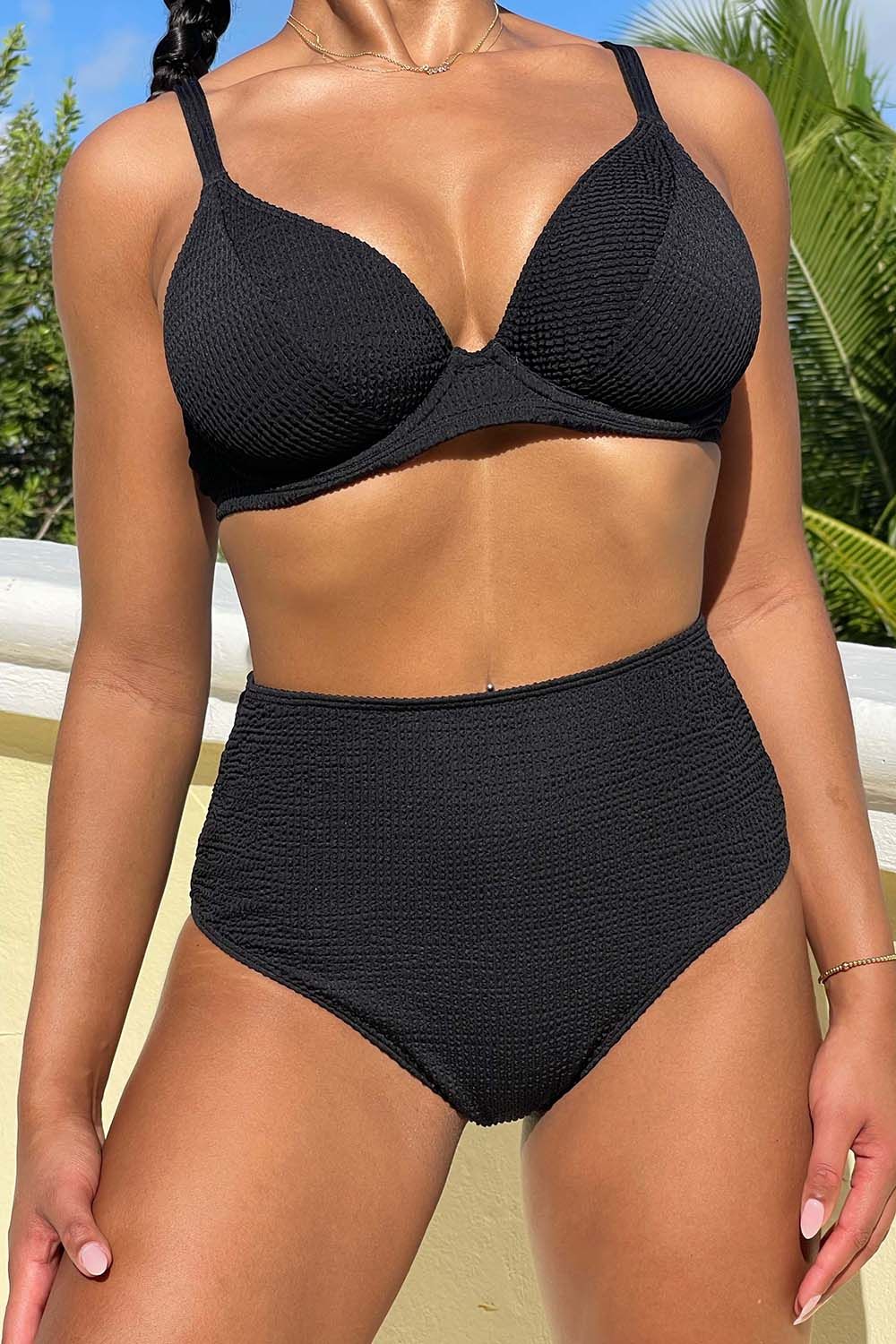 Wolf & Whistle Black Textured High Waisted Bikini Bottom