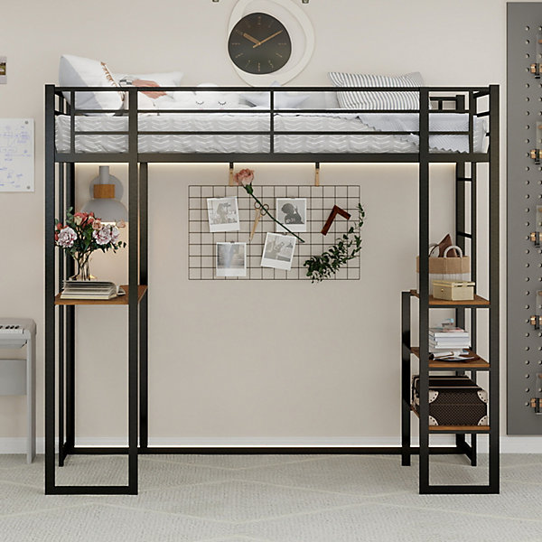 Lit Mezzanine 90x200 cm - Lit Enfant Metal avec Bureau en L, Garde-Corps et échelle Réversible, Noir, sans Matelas