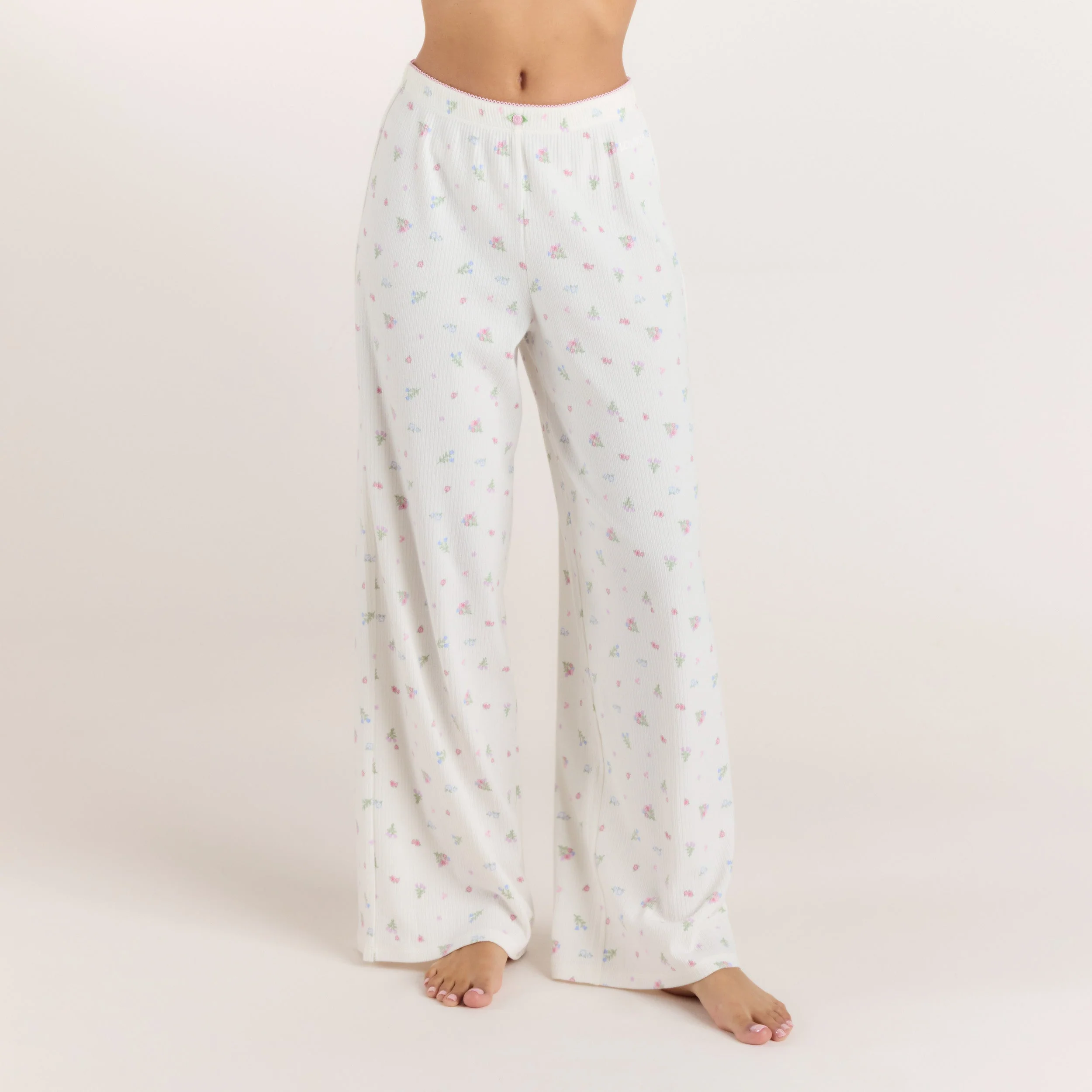 Ribbed Pyjama Bottoms - White Floral