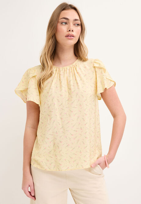 Womens Lemon Floral Tulip Sleeve Blouse