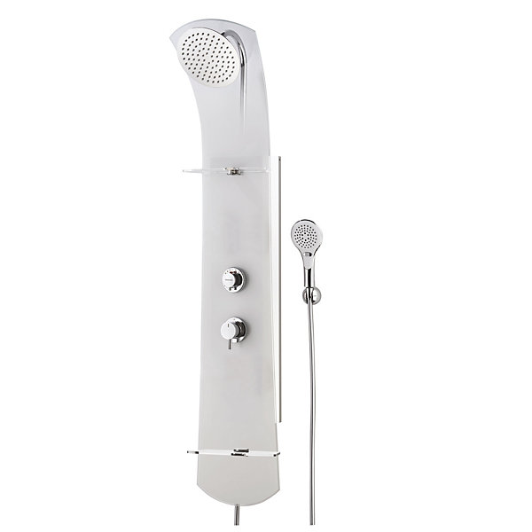 Colonne de douche thermostatique avec tablette, pomme de tête, douchette et flexible, blanc, Valentin Nautilus