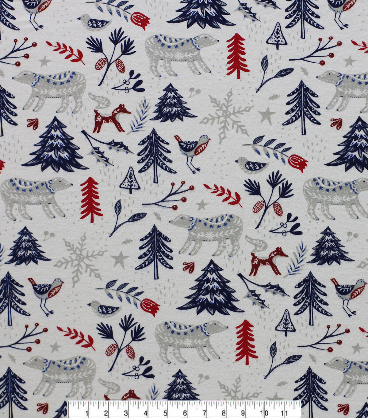 Folk Winter Animals on White Super Snuggle Christmas Flannel Fabric