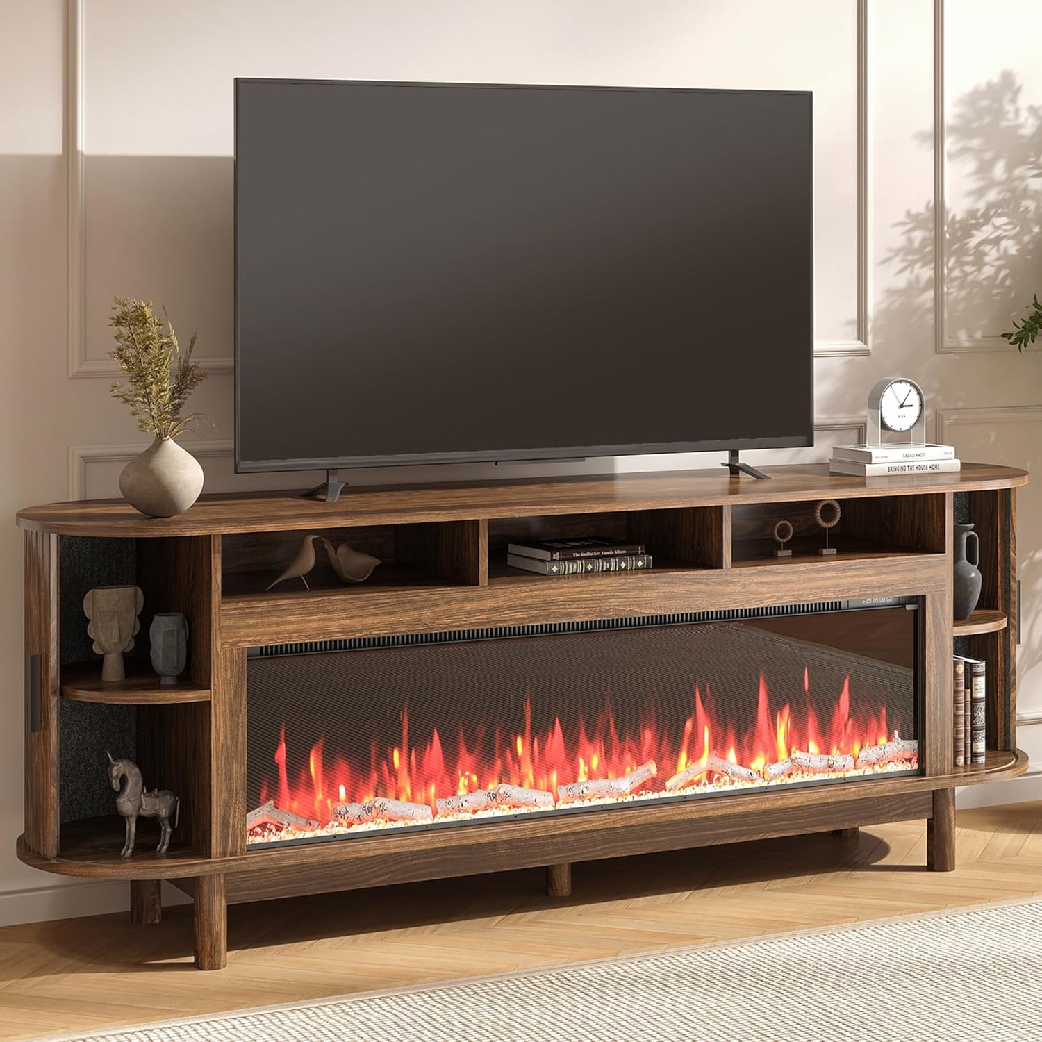 70 Farmhouse TV Stand with 50 Fireplace for TVs up to 85 80 75 70 65, Media Entertainment Center with Large Storage Cabinet,Sliding Doors for Living Room, Walnut