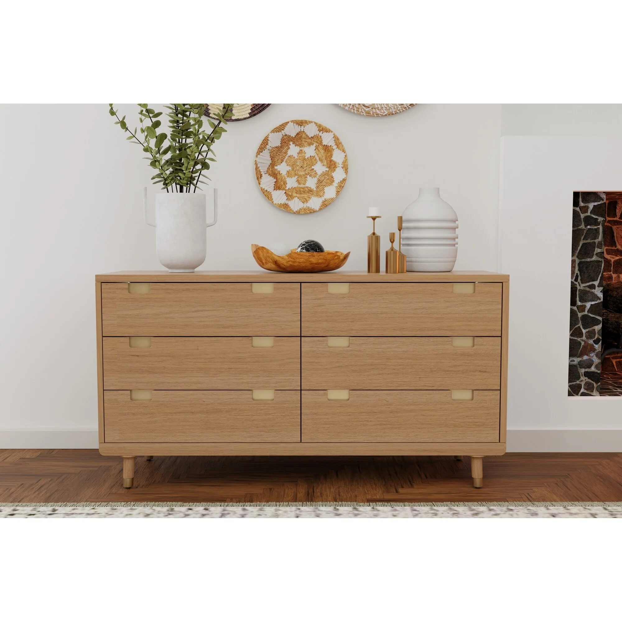 Alpine Furniture Easton Six Drawer Wood Dressser in Sand (Beige)