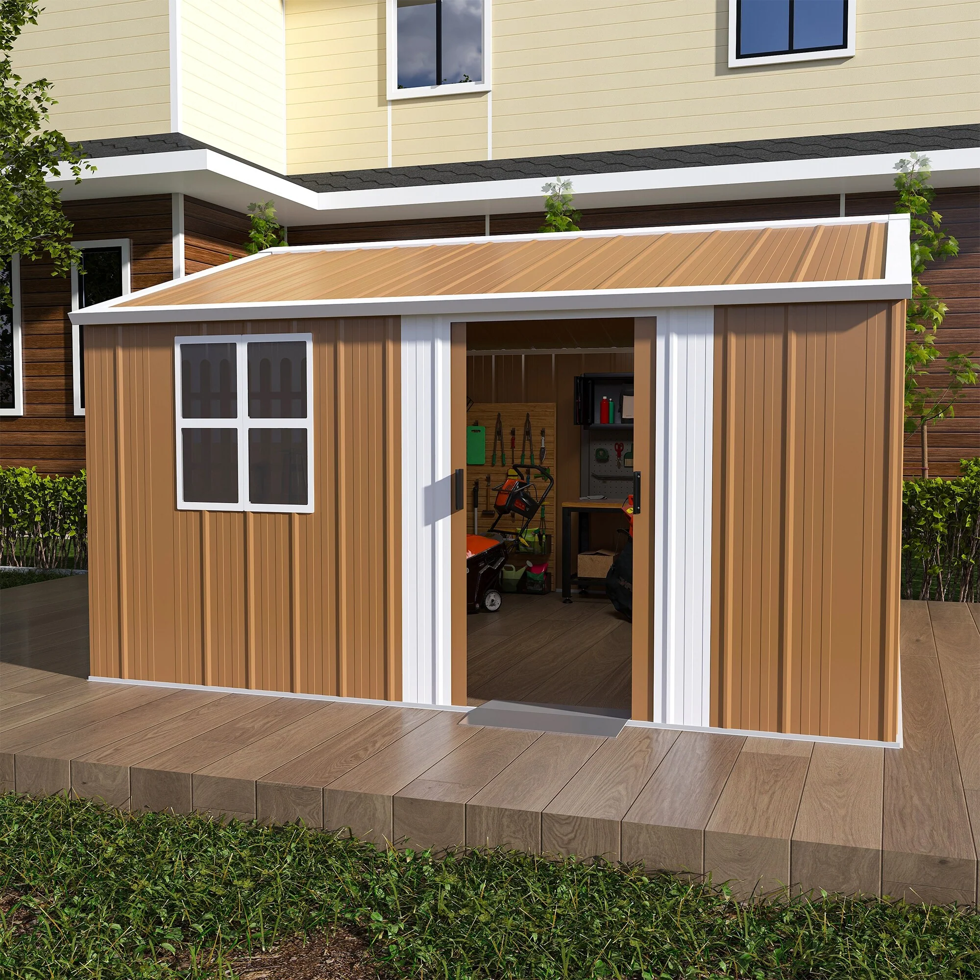 Outdoor Garden Shed with Sliding Door System Rust-resistant Metal Storage Shed, Weatherproof Sloped Roof