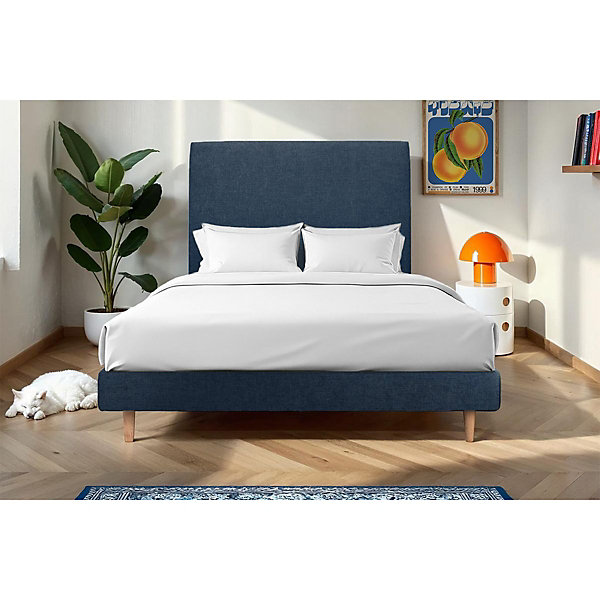 Lit avec tête de lit tapissier tissu et sommier kit- Lit en bois massif
