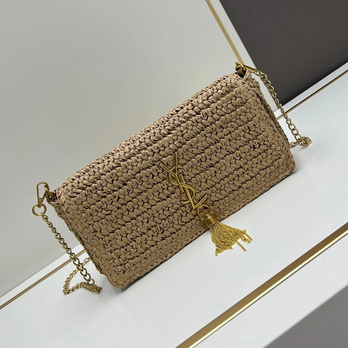 Saint Laurent Kate 99 Shoulder Bag Dark Nude Raffia