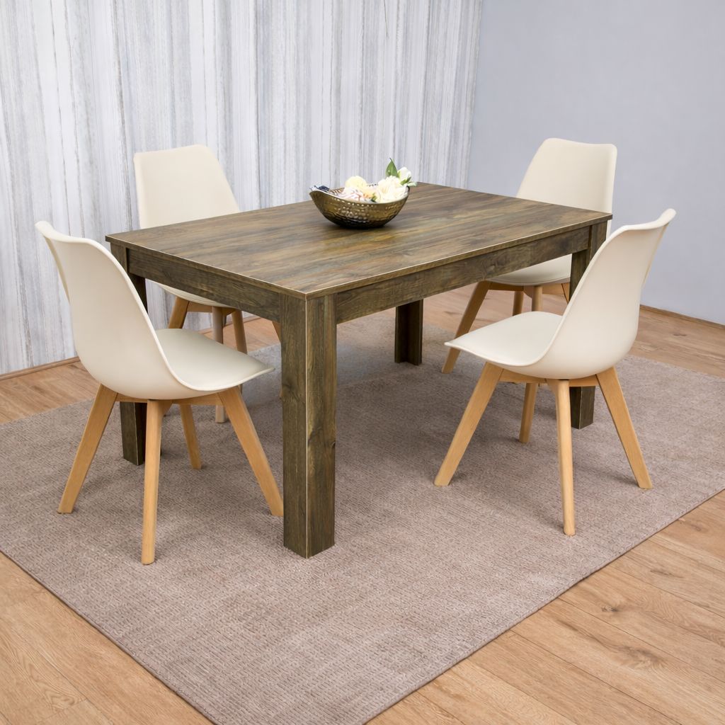 KOSY KOALA Modern Rustic Effect Dining Table With 4 Cream Plastic Chairs