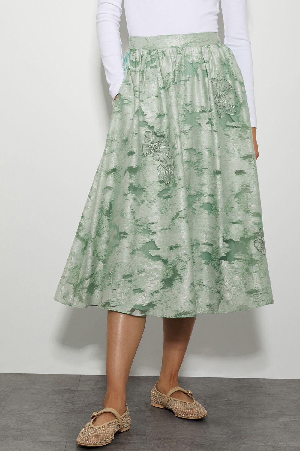 Monsoon Josie Floral Jacquard Midi Skirt Green