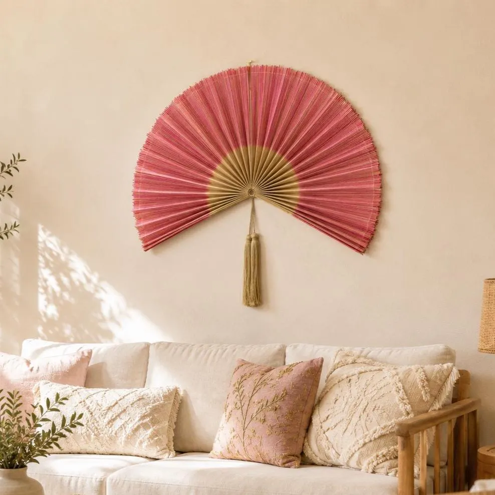 Large Pink Bamboo Wall Fan, Handmade Boho Decor Summer Vibe, Woven Bamboo Fan 40inches, Gift for Her/Daughter