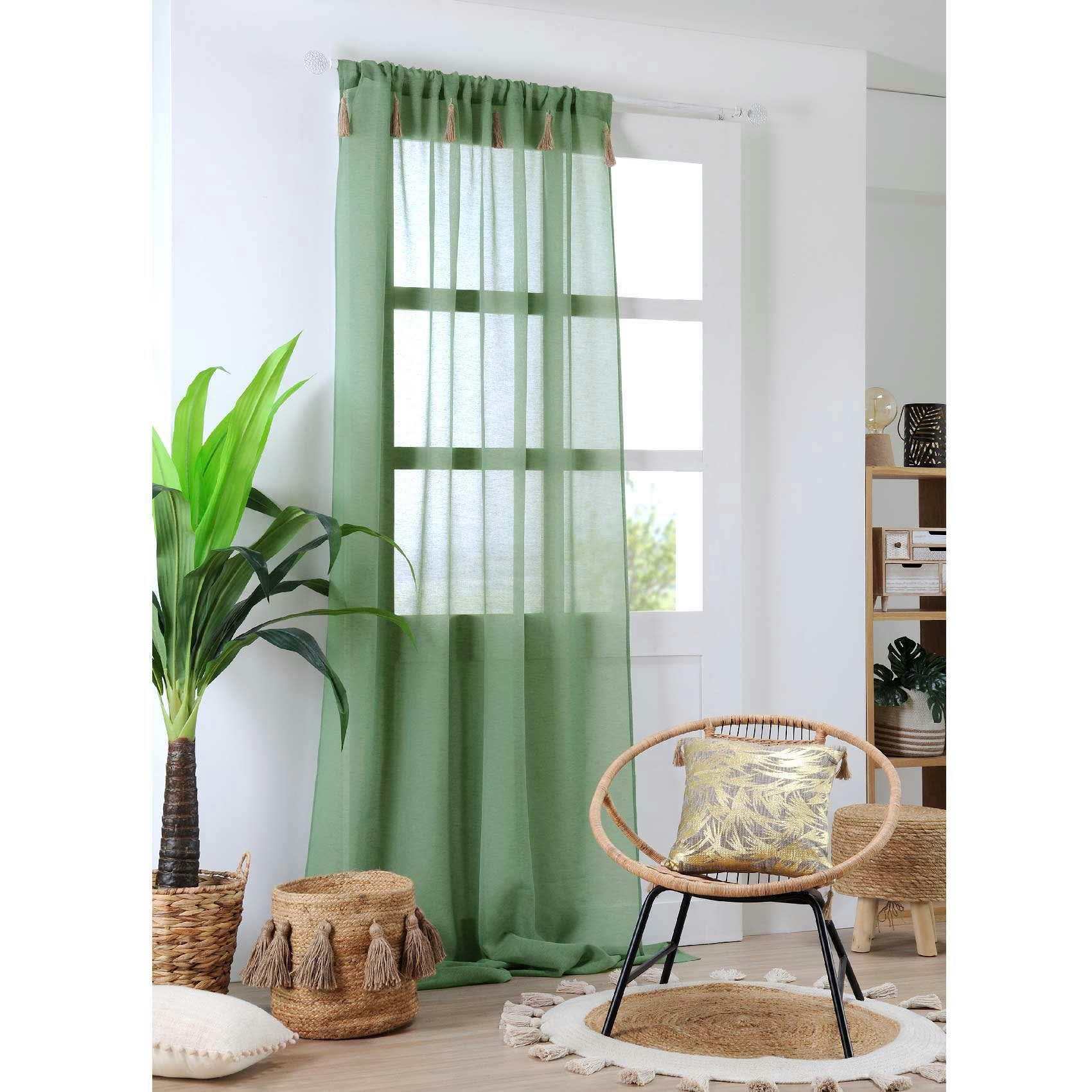 IBIZA - Voilage bohème à pompons en jute polyester jade 260x140cm