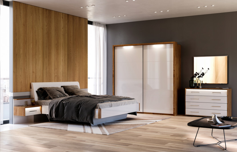 Łóżko Madera 160x200cm biała ekoskóra/dąb z płyty wiórowej