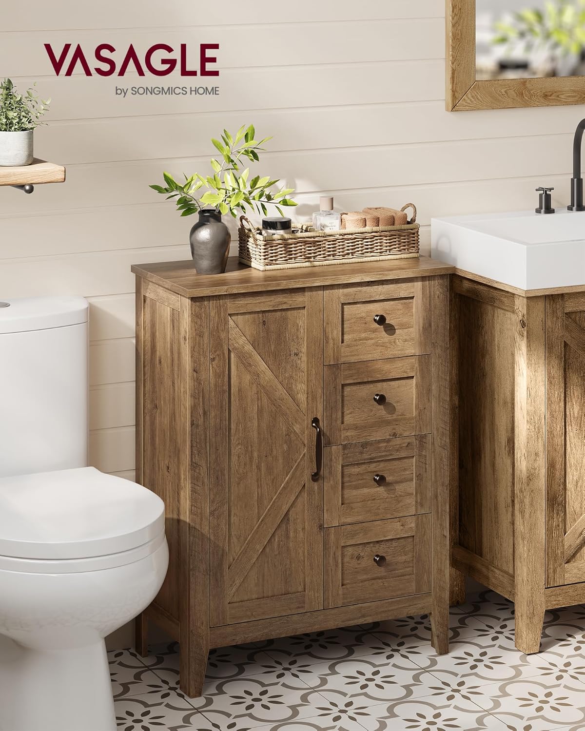 VASAGLE LIRY Collection - Storage Cabinet, Farmhouse Bathroom Floor Cabinet with 4 Drawers, Freestanding Storage Organizer, Barn Door, Adjustable Shelf, Honey Brown, UBBK753K01