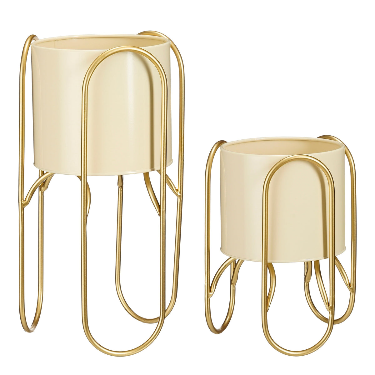 Mica Decorations Donau Bloempot op Standaard - Set van 2 - Metaal - H45 x Ø23 cm - Lichtgeel, Goud