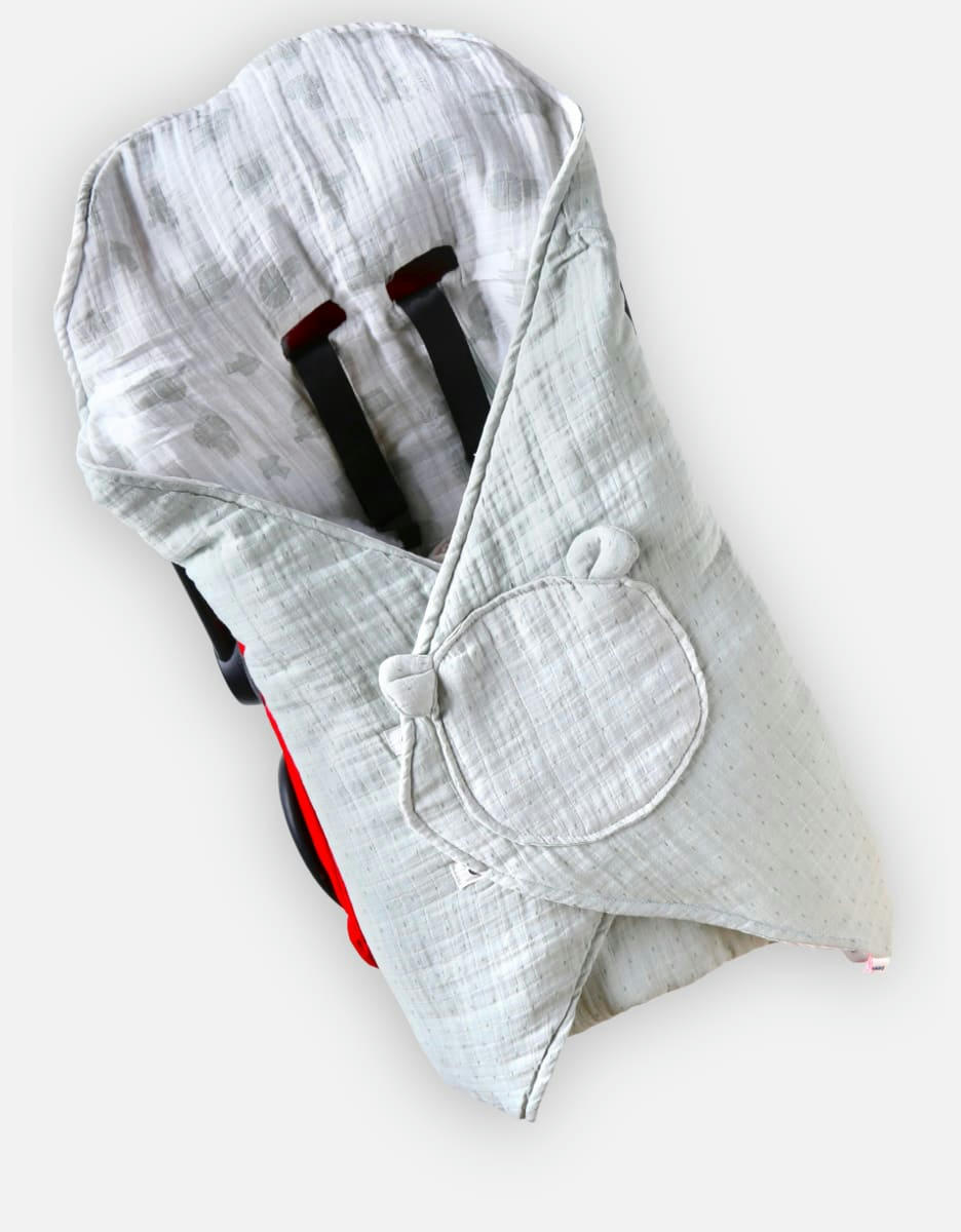 - Couverture promenade mousseline de coton BIO ouatinée, écru/sauge