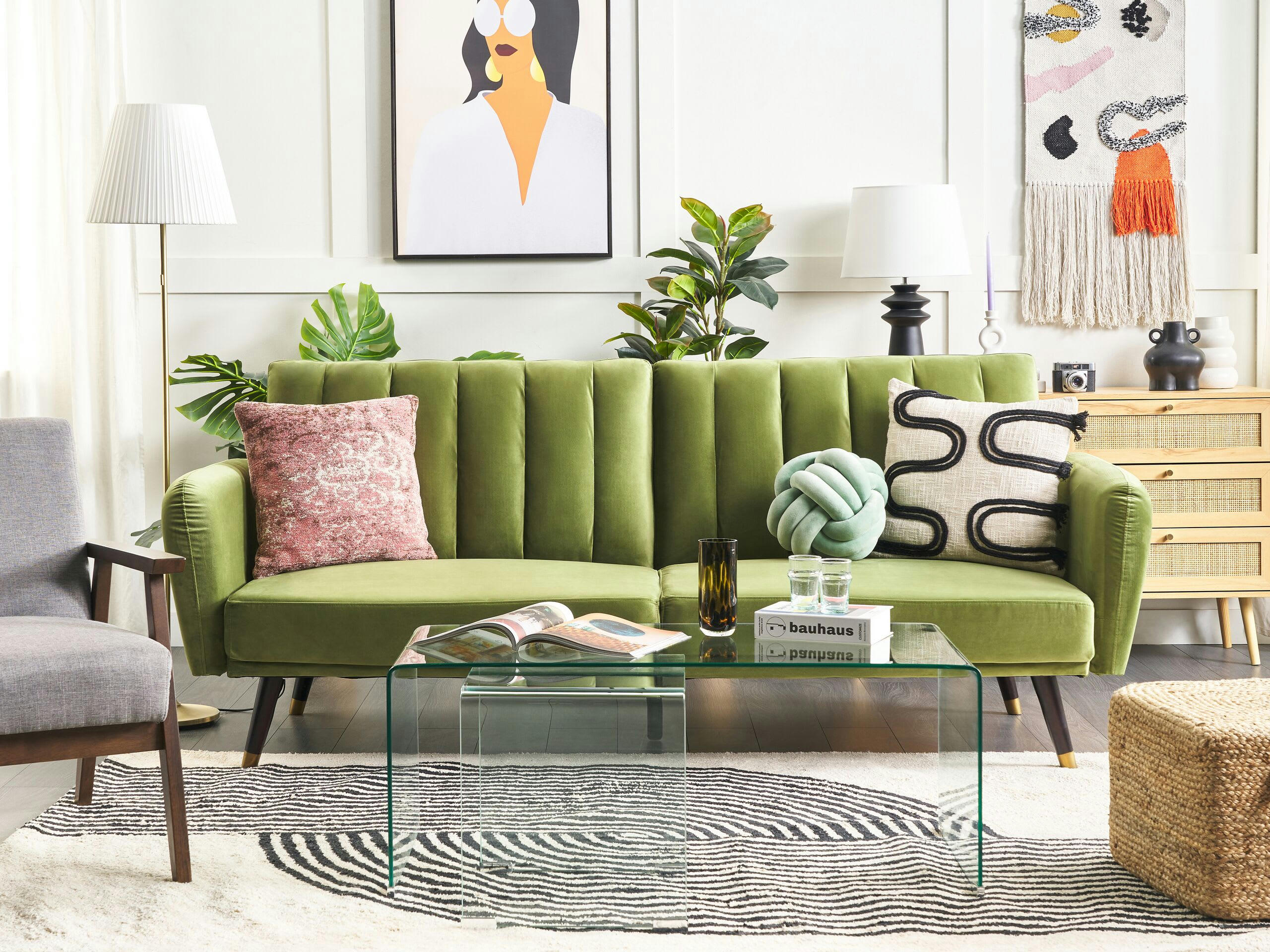 VIMMERBY - Canapé convertible 3 places en velours vert olive