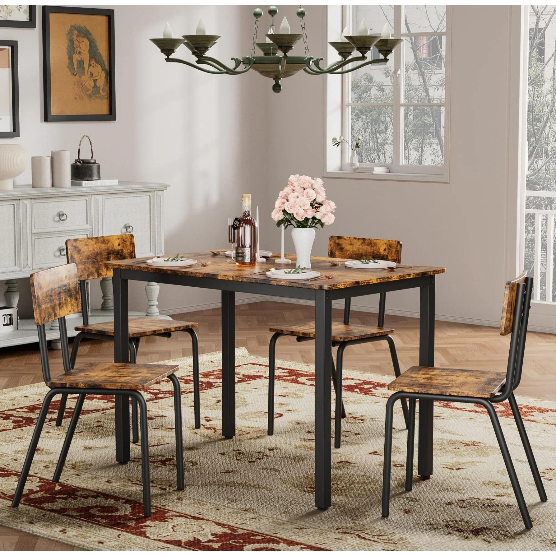 Compact 5-Piece Dining Table Set with 4 Chairs, 43'' Metal Frame & MDF, Ideal for Small Spaces, Easy to Clean