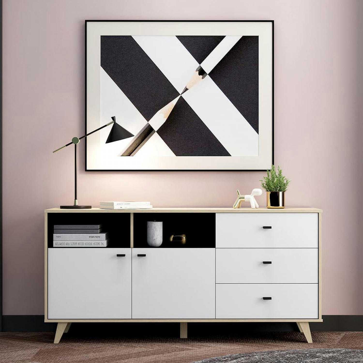 BREKKA - Buffet avec 2 placards et 3 tiroirs en bois naturel