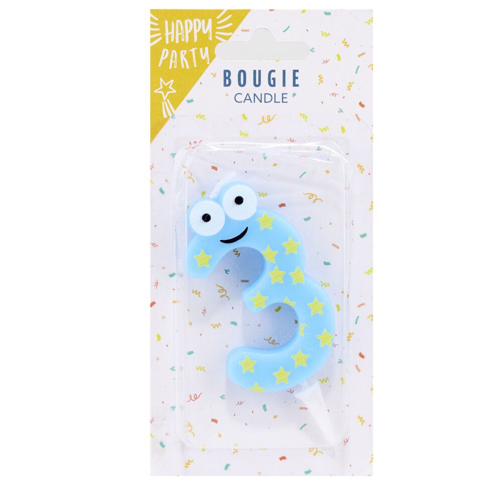 Bougie chiffre 3 cire personnage étoiles bleu et jaune H8,5cm
