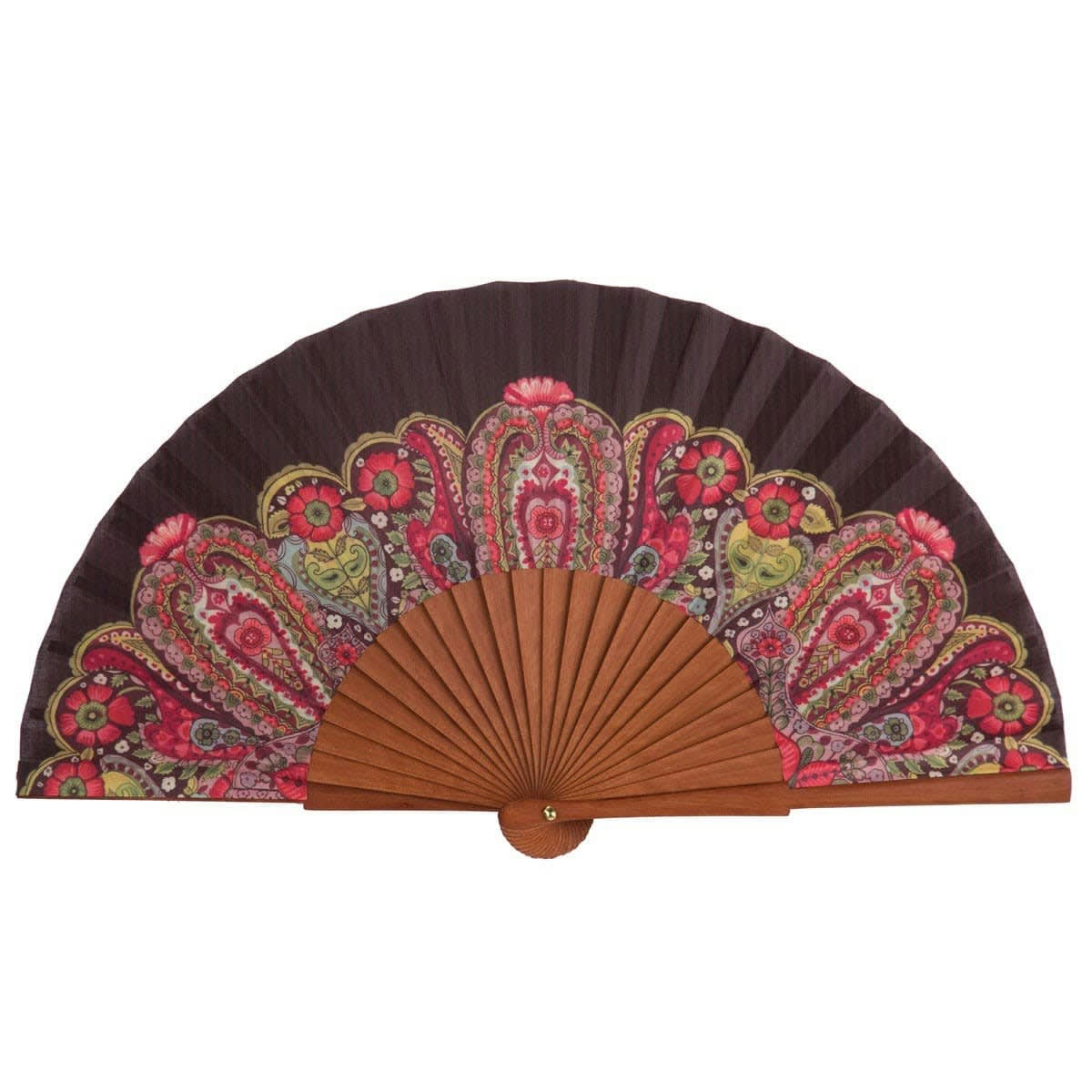 FLOWER - Éventail en bois de merisier et coton imprimé Fleuri ébène