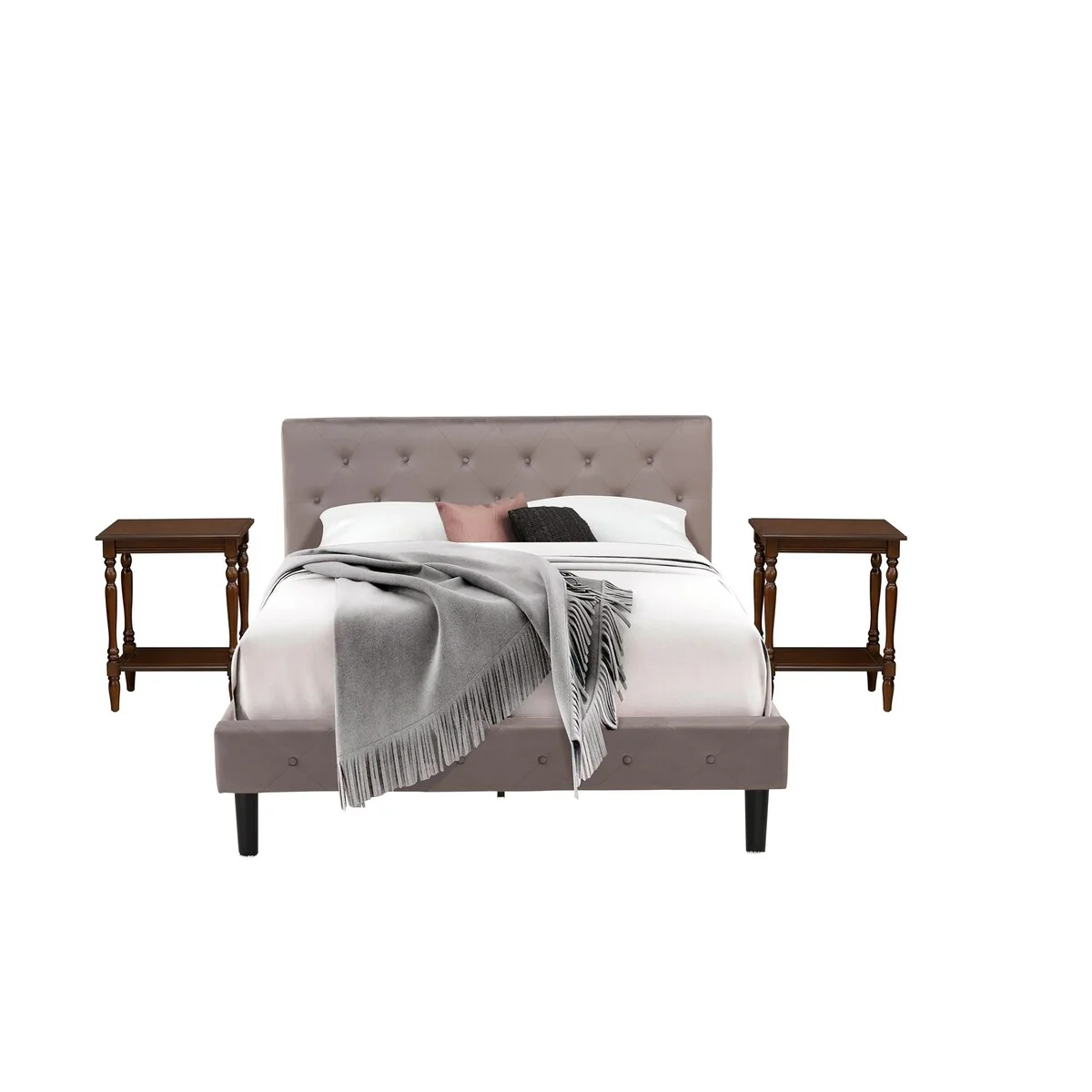 East West Furniture Queen Size Bed Set Includes A Wooden Bed Frame and 2 Modern Nightstands